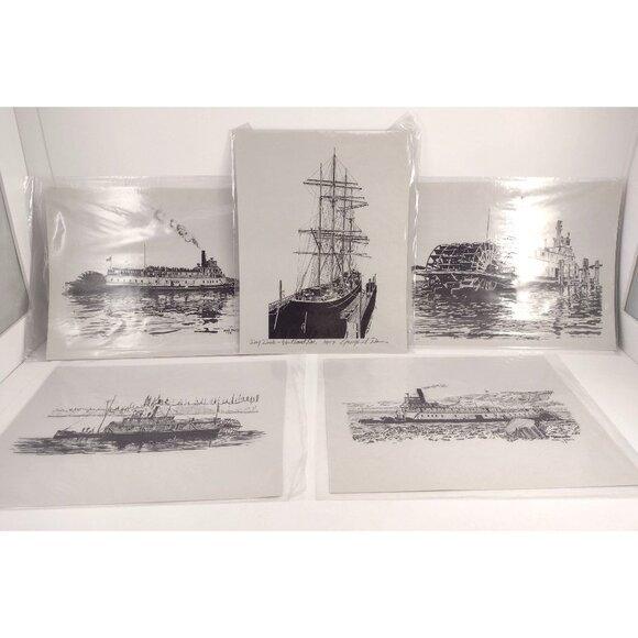 Set Of 5 Vintage Nautical Prints By Mal Davis Featuring Historic Ships & Boats - Picture 1 of 14